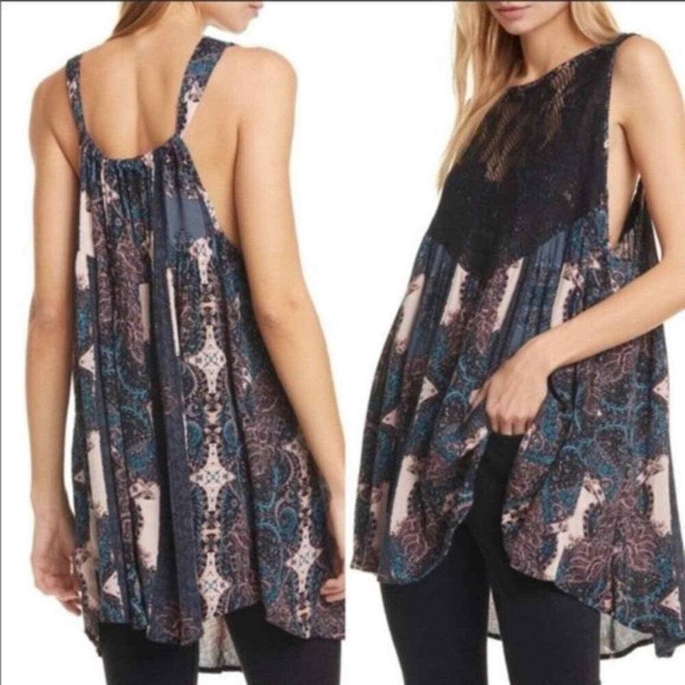 Free People Count Me In Trapeze Tank Top M Lace Boho Black Combo NWT